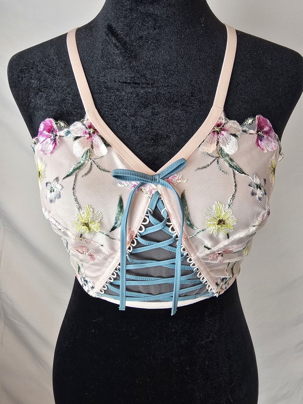 Victoria's Secret Embroidered Lace-Up Bralette in Blush with Blue Accents
